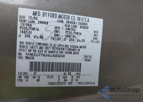 2004 Ford Explorer Sport Trac Adrenalin/Xls/Xlt from USA, damaged, VIN 1FMZU77K44UA83650